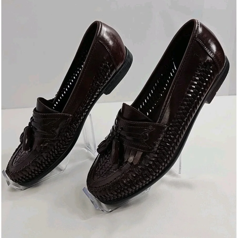 STACY ADAMS Men's 9.5M Brown Woven Leather Tassel #21966 Loafers Dress Shoes